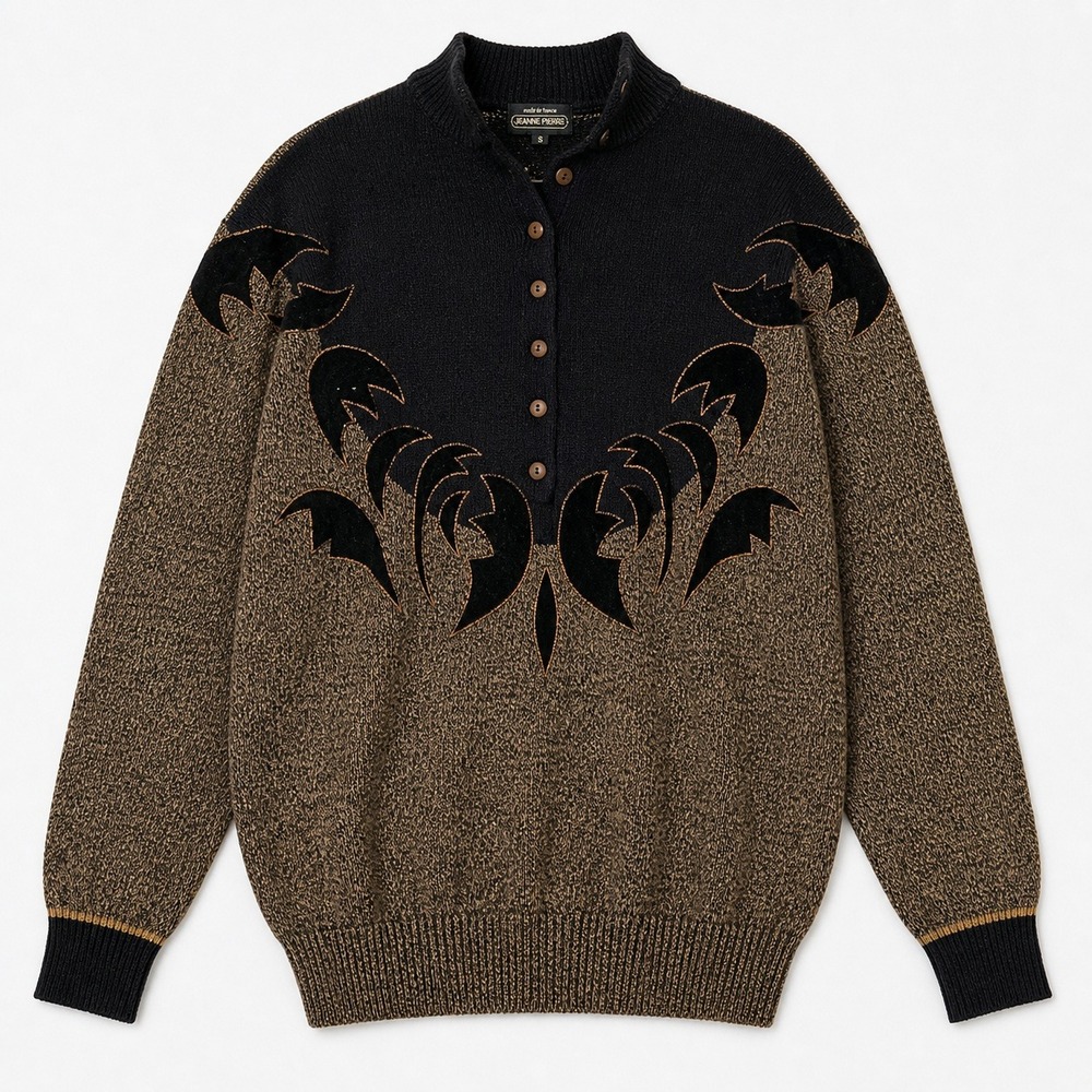 Vtg 80s sweater Jeanne Pierre Renee Tener Lambswool Velvet Black S Western